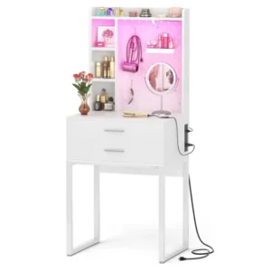 Wholesale compact 24" (61cm) pure white makeup vanity desk featuring an integrated storage hutch, versatile pegboard backpanel with hooks, built-in side power outlet, and purple LED ambient lighting effect