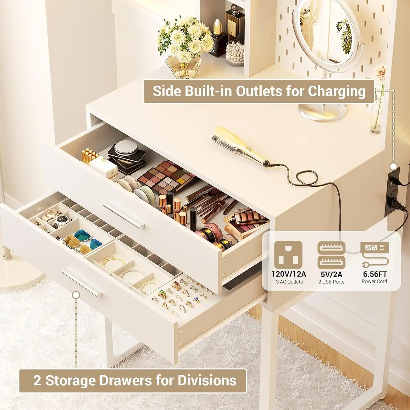 Compact 24" (61cm) Vanity Desk - Built-in Outlets & Dual Drawers Specification Wholesale compact 24" (61cm) makeup vanity desk specification highlighting side built-in outlets with 120V/12A AC ports, 5V/2A USB slots, 6.56FT (2m) power cord, and 2 open storage drawers with custom internal division organizer