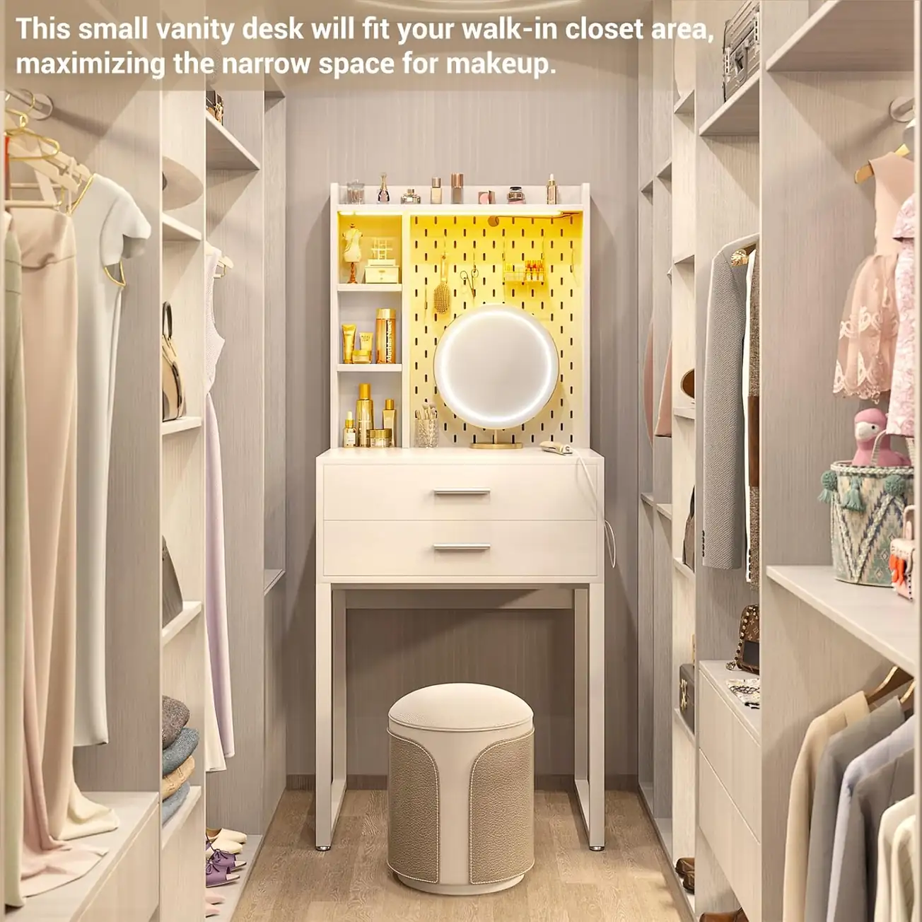 Compact 24" (61cm) Pure White Vanity Table Set for Walk-in Closets & Narrow Spaces Wholesale compact 24" (61cm) pure white makeup vanity desk with matching round stool, perfectly fitted in a narrow walk-in closet space to maximize home storage efficiency