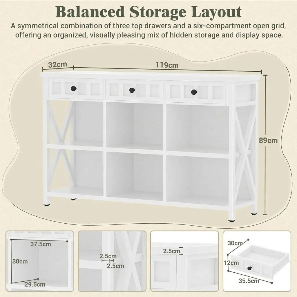 6-Cube Bookshelf with 3 Drawers Dimensions Size chart and dimensions of the 3-drawer 6-cube storage organizer bookshelf showing 119cm width, 89cm height, and 30cm depth