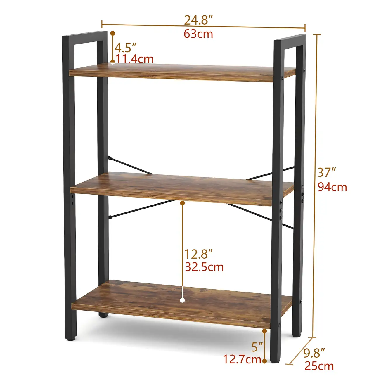3-Tier Industrial Bookshelf Dimensions Chart 3-Tier Industrial Bookshelf Precise Dimensions, Metal Frame 3-Shelf Standing Storage Rack Size Chart Diagram