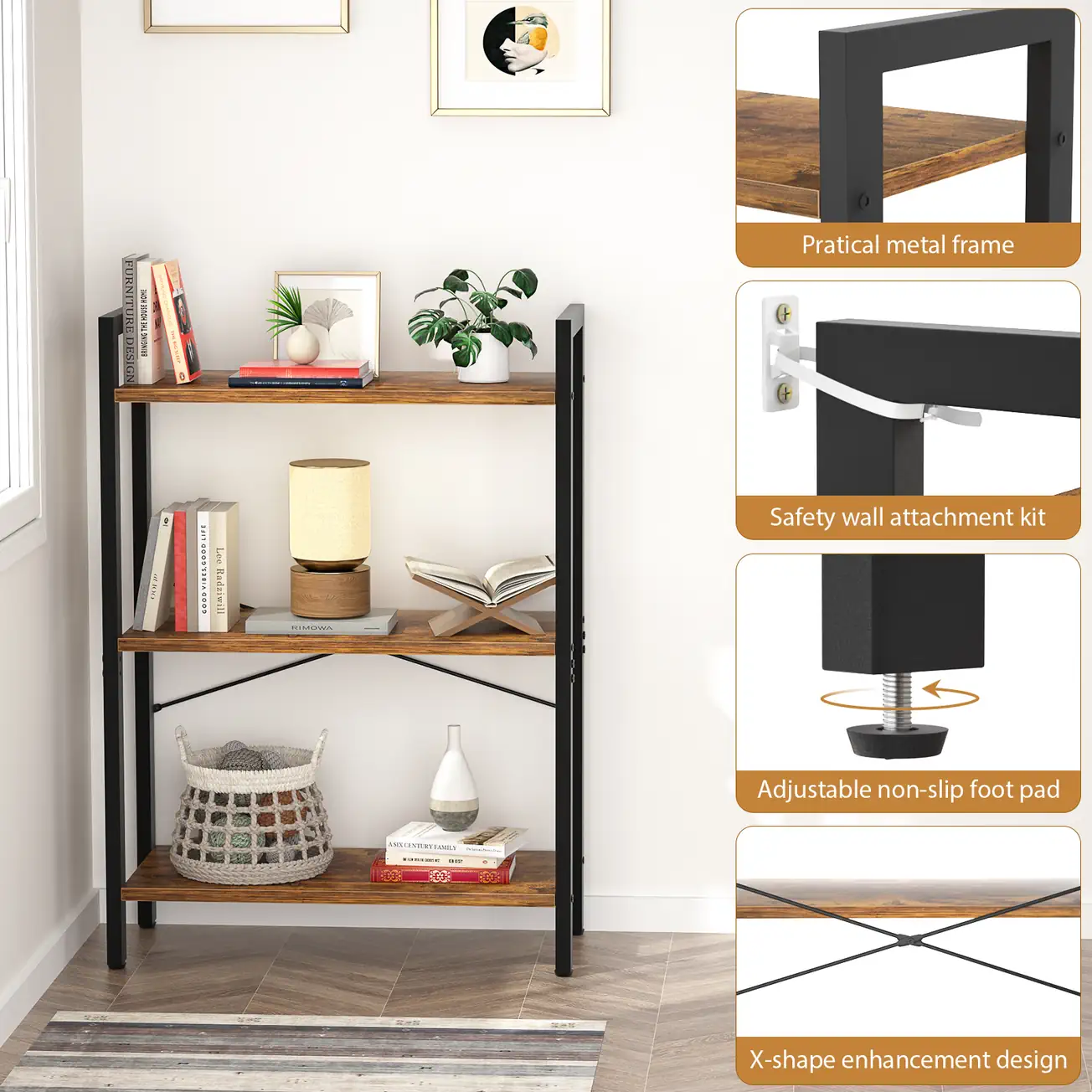 3-Tier Industrial Bookshelf Hardware Safety Details 3-Tier Industrial Bookshelf Hardware Details, Heavy-Duty Metal Frame and X-Shape Enhancement Design Showcase