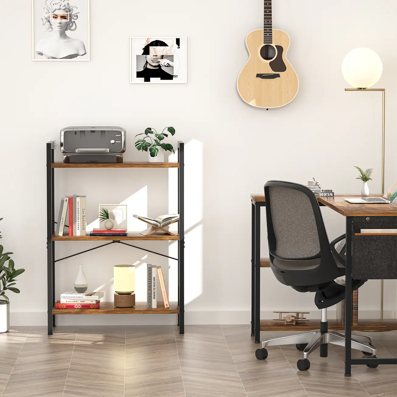3-Tier Industrial Bookshelf Office Lifestyle 3-Tier Industrial Bookshelf in Home Office Lifestyle Scene, Rustic Brown 3-Shelf Printer Stand and Storage Rack