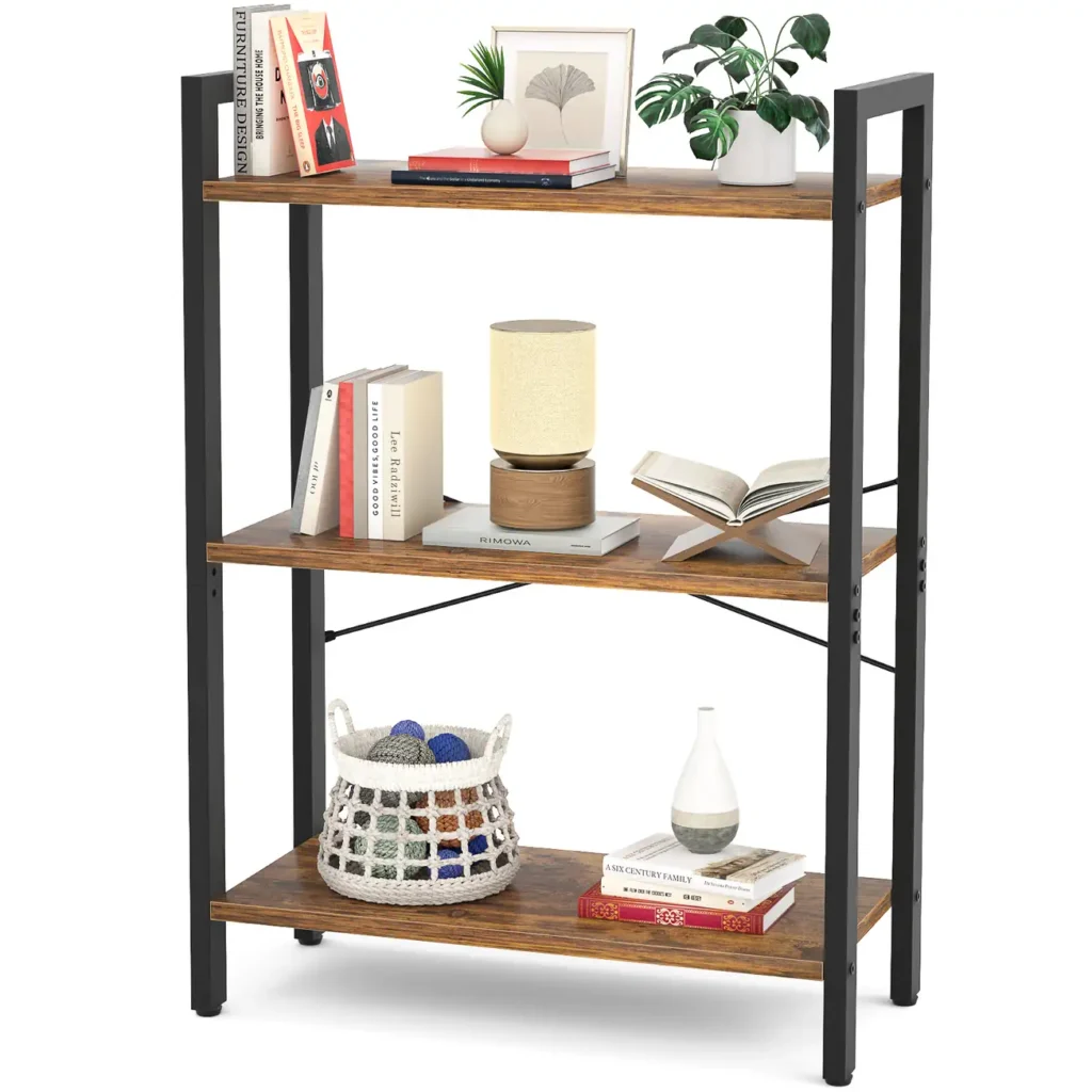 3-Tier Industrial Bookshelf with Heavy Duty Metal Frame, Rustic Brown 3-Shelf Standing Storage Rack