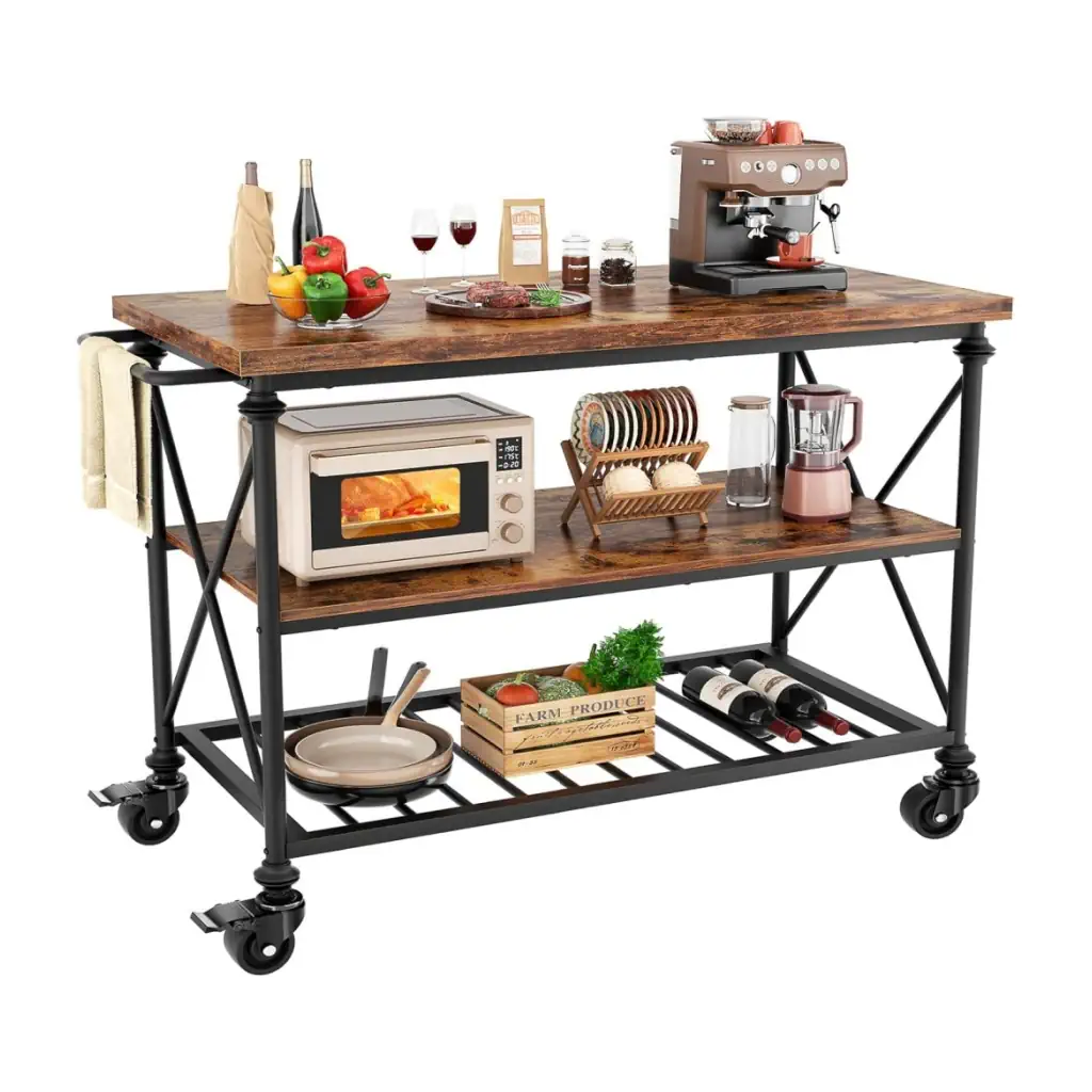 Wholesale 3-tier rolling kitchen island cart with industrial pipe legs, retro wood and metal mobile coffee bar station featuring microwave shelf and wine rack on a white background.