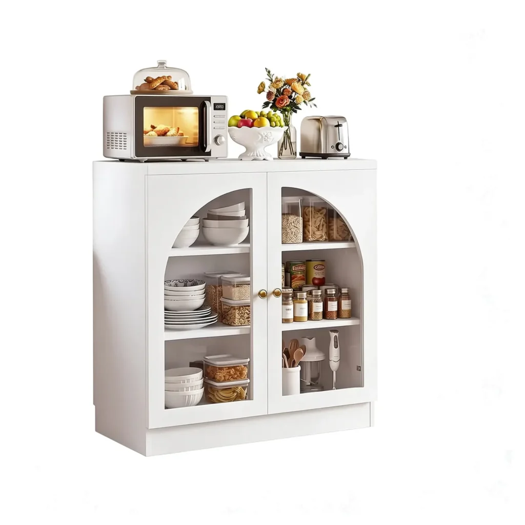 31.5 inch wide wooden sideboard buffet cabinet with arched tempered glass doors in white finish