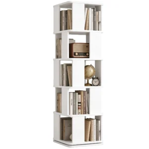 5-Tier 360 Degree Rotating Bookshelf White Wooden Revolving Bookcase Tower for Living Room and Home Office