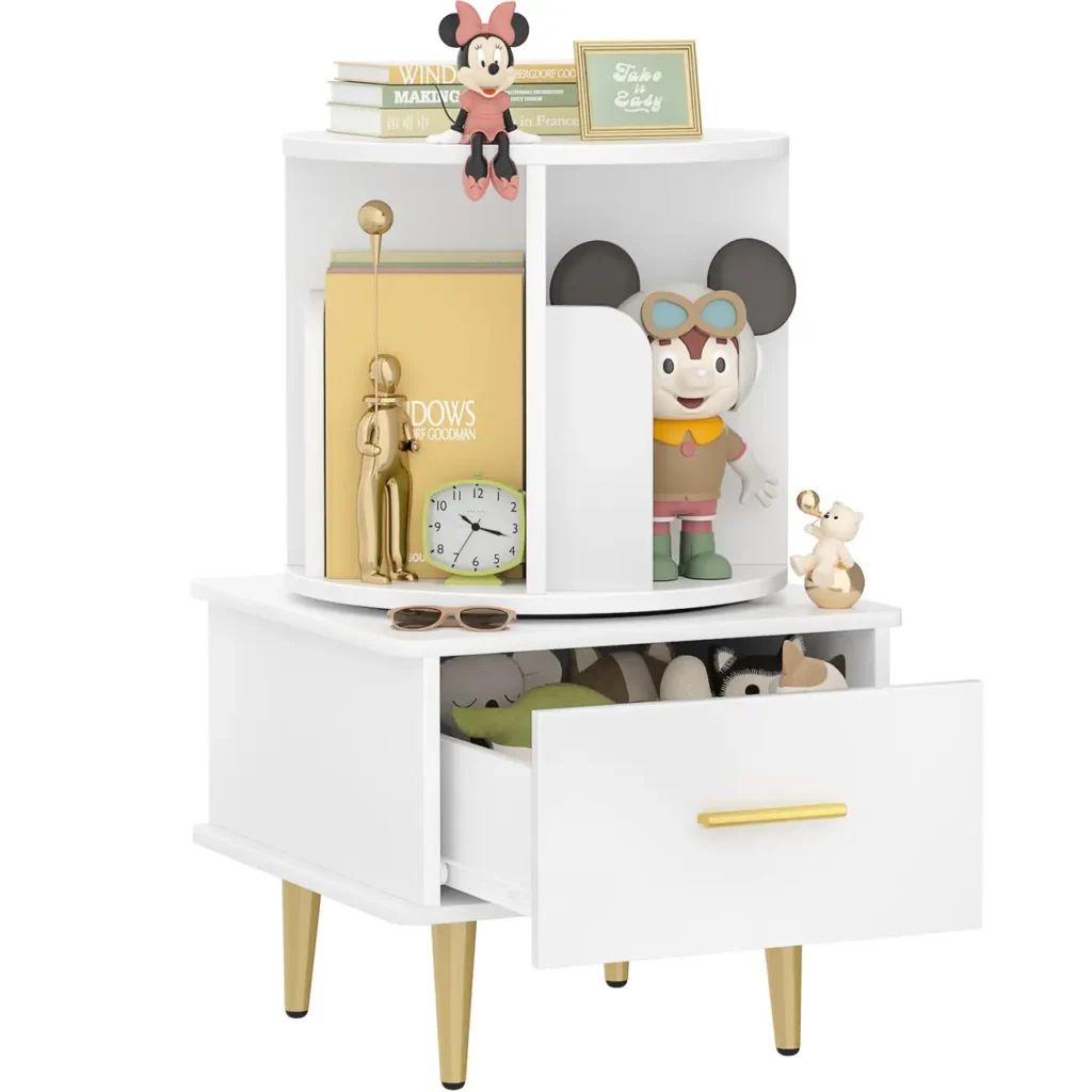 Modern white 360 degree rotating nightstand featuring an open storage drawer with gold handle