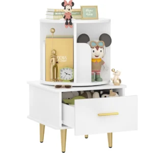 Modern white 360 degree rotating nightstand featuring an open storage drawer with gold handle