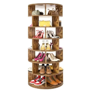 Rustic brown 7 tier rotating shoe rack tower featuring 360 degree spinning round shelves