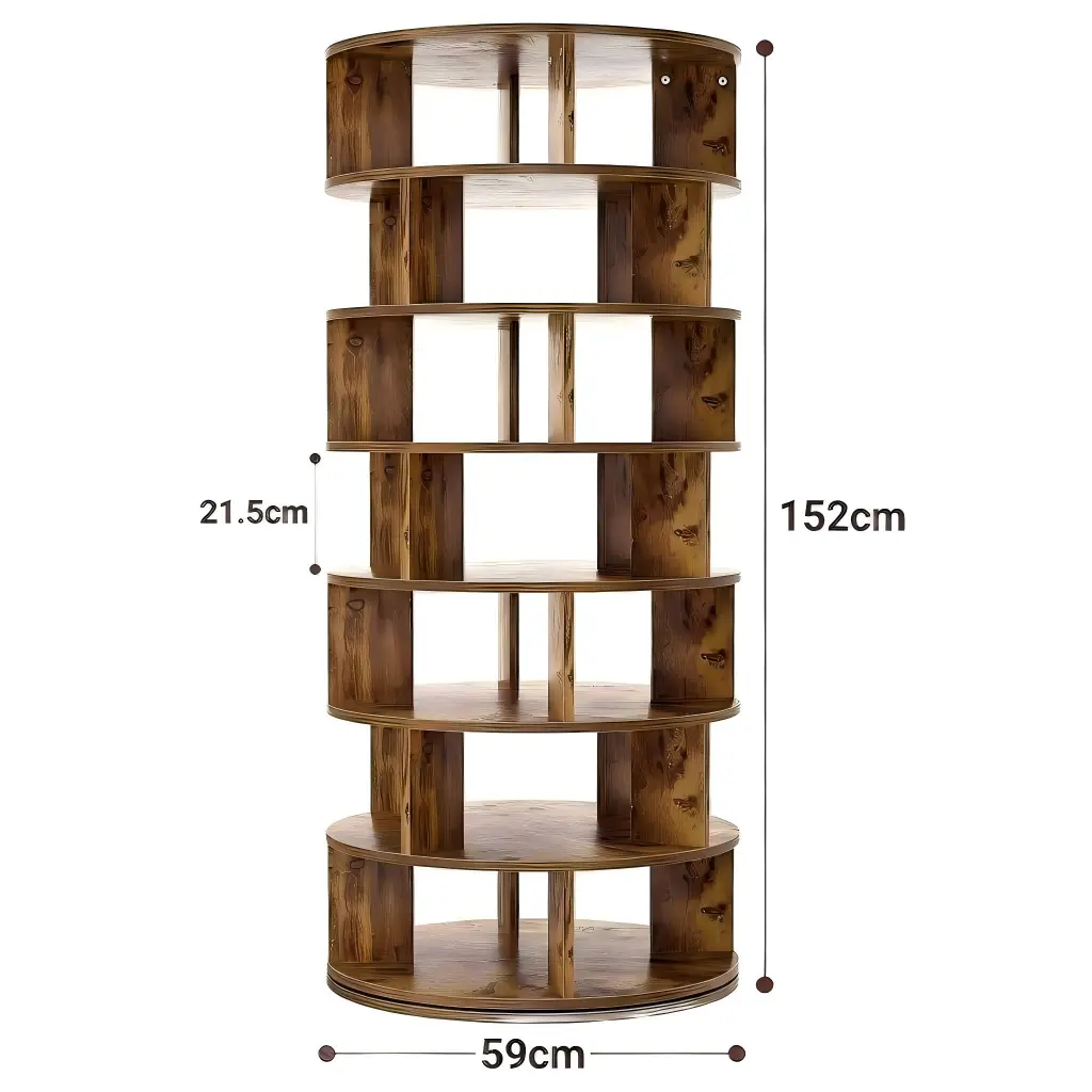 Rotating Shoe Rack - 7-Tier Dimensions Rustic brown 7 tier rotating shoe rack dimensions chart showing 152cm height and 59cm diameter