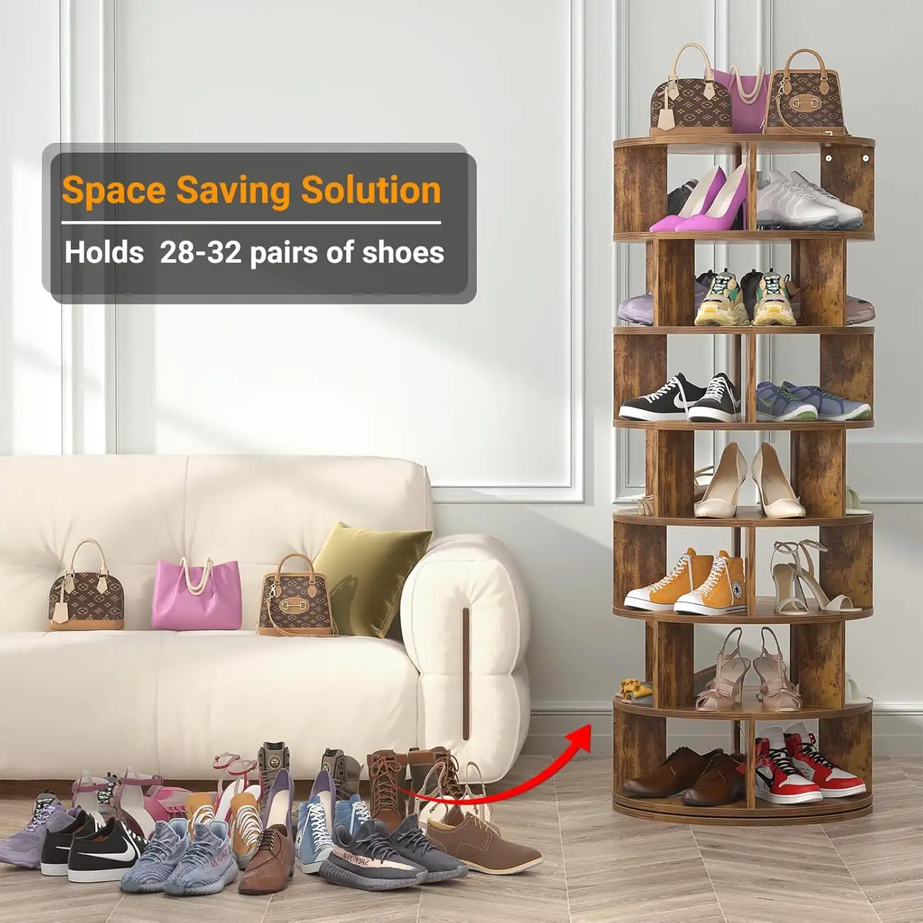 Rotating Shoe Rack - 7-Tier Space Saving Lifestyle Rustic brown 7 tier rotating shoe rack tower in a living room setup showing 28-32 pairs capacity space saving solution