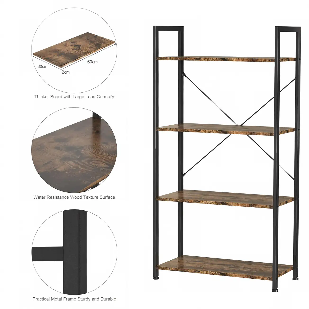 4-Tier Industrial Bookshelf Materials Quality Details 4-Tier Industrial Bookshelf Materials Details, Water Resistant Wood Board and Heavy Duty Metal Frame Showcase