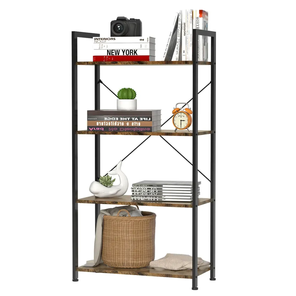 4-Tier Industrial Bookshelf with Heavy Duty Metal Frame, Rustic Brown 4-Shelf Standing Storage Rack