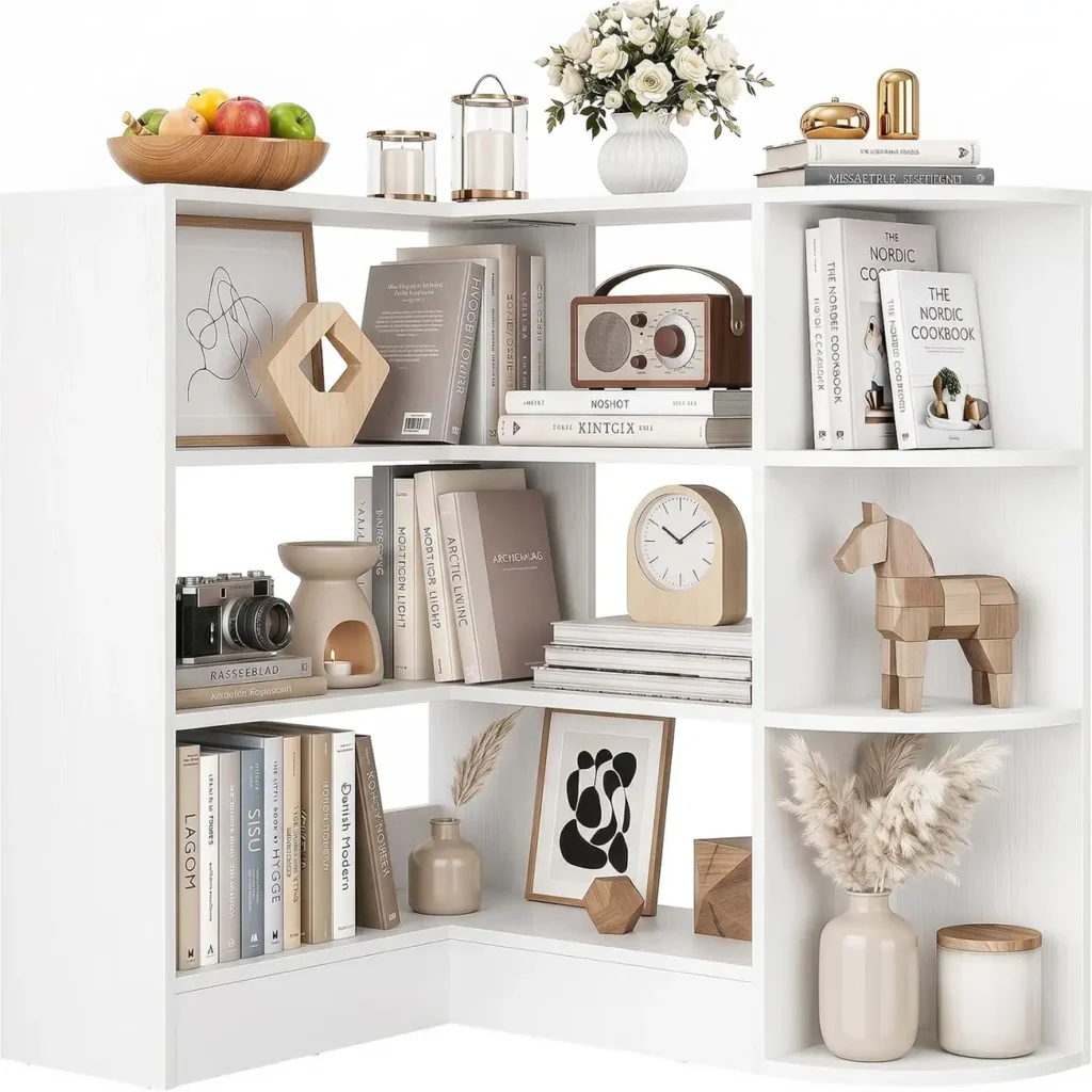 4 tier white L-shaped small corner shelf with protective baffles filled with books and aesthetic home decor accents
