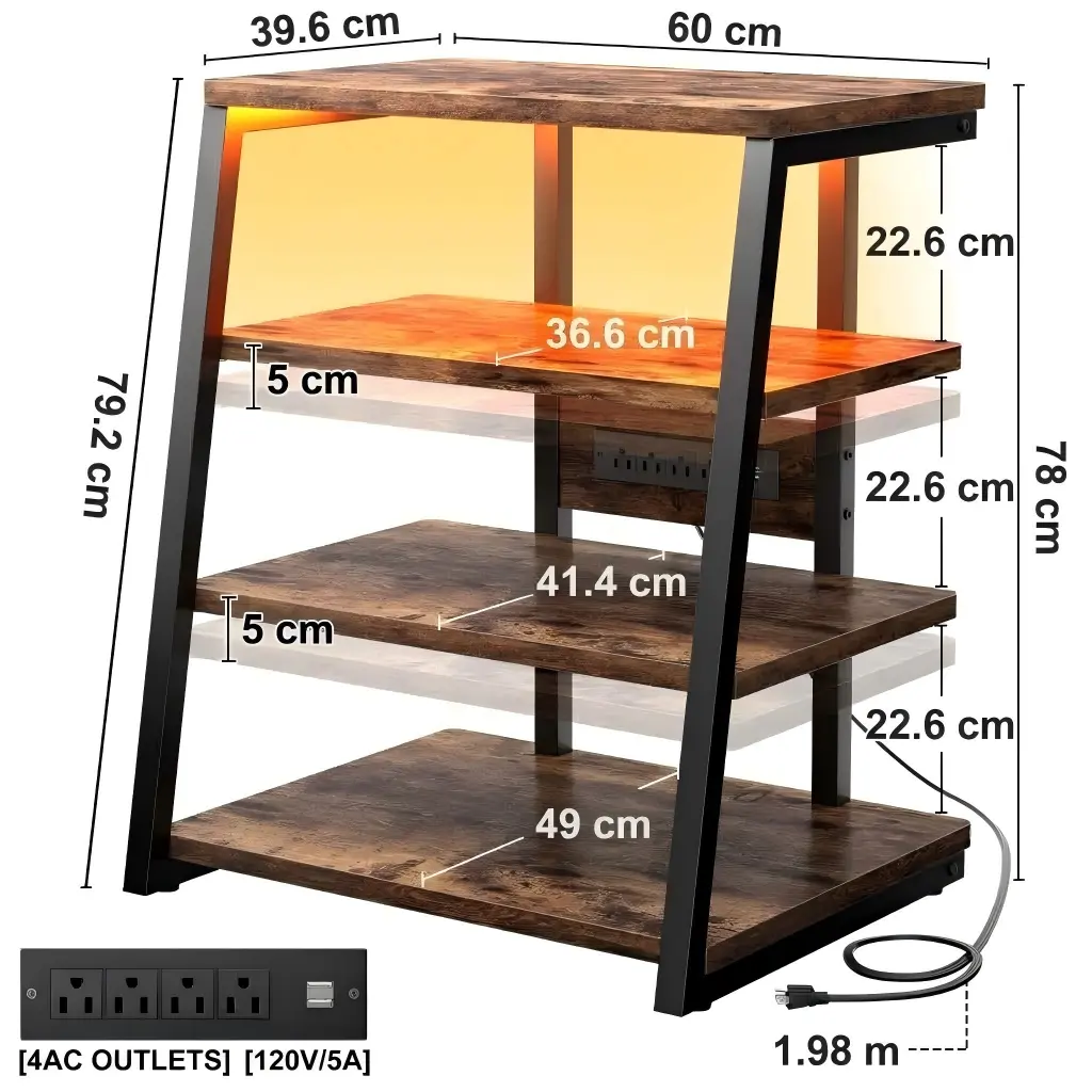 4-Tier Audio Rack Dimensions & Size Guide - Compact Stereo Stand Product dimension diagram of the 4-tier AV media stand, showing overall size 60cm width by 78cm height, 39.6cm depth, 22.6cm shelf spacing, adjustable shelf options, a 1.98m power cord, and a power strip with 4 AC outlets rated at 120V 5A.