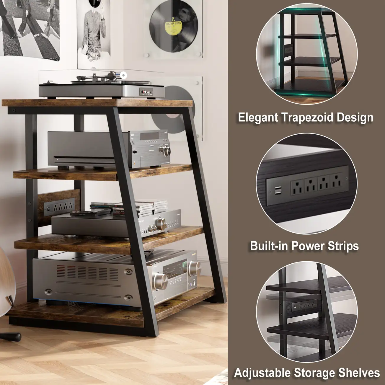 Trapezoid 4-Tier AV Media Stand with Built-in Power Strips & Adjustable Storage Shelves Product feature infographic of a 4-tier wooden AV media stand, highlighting an elegant trapezoid design, built-in power strips with USB ports, and adjustable storage shelves for stereo equipment.