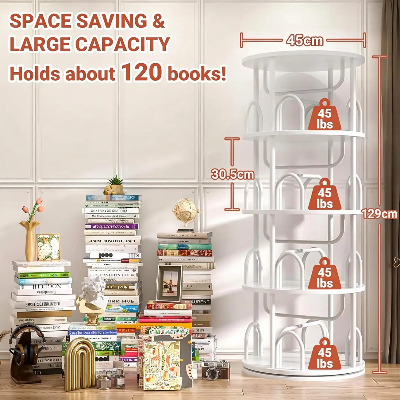 4-Tier Rotating Bookshelf Dimensions Weight Capacity Chart Detailed dimensions and weight capacity chart of 4-tier rotating bookshelf tower showing 129cm height and 45 lbs load capacity