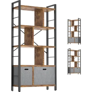 4-tier industrial geometric bookshelf display rack with rustic brown wood shelves, 2 fabric storage drawers, and black metal frame