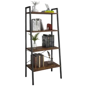4-tier industrial ladder shelf bookcase with rustic brown wood finishes and black metal frame
