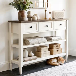 43 inch narrow console table 3 drawers shelves white brown two tone