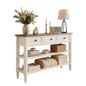 43 inch narrow console table 3 drawers shelves white brown two tone