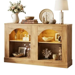 47 inch arched console table warm led light 3 tier natural oak farmhouse entryway table