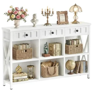 Modern 47-inch white 6-cube storage organizer bookshelf with 3 drawers and matching white metal X-frame