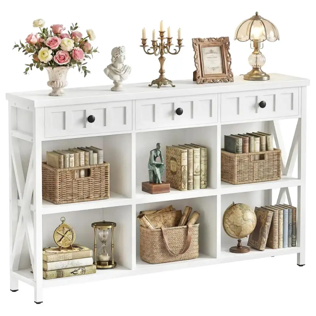 White 6-Cube Storage Bookcase with Drawers Modern 47-inch white 6-cube storage organizer bookshelf with 3 drawers and matching white metal X-frame