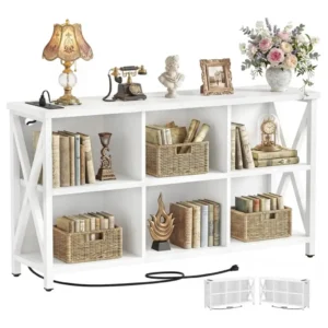 47 inch white 6 cube bookshelf with outlets