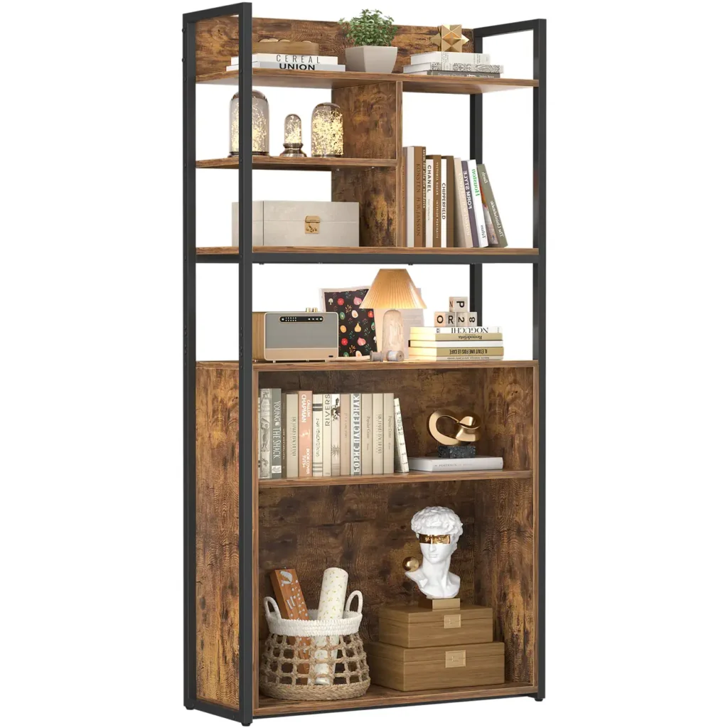 Industrial 5 tier bookshelf with rustic brown wood shelves and black metal frame
