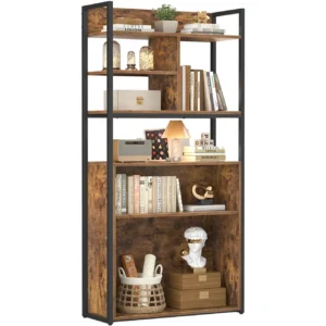 Industrial 5 tier bookshelf with rustic brown wood shelves and black metal frame