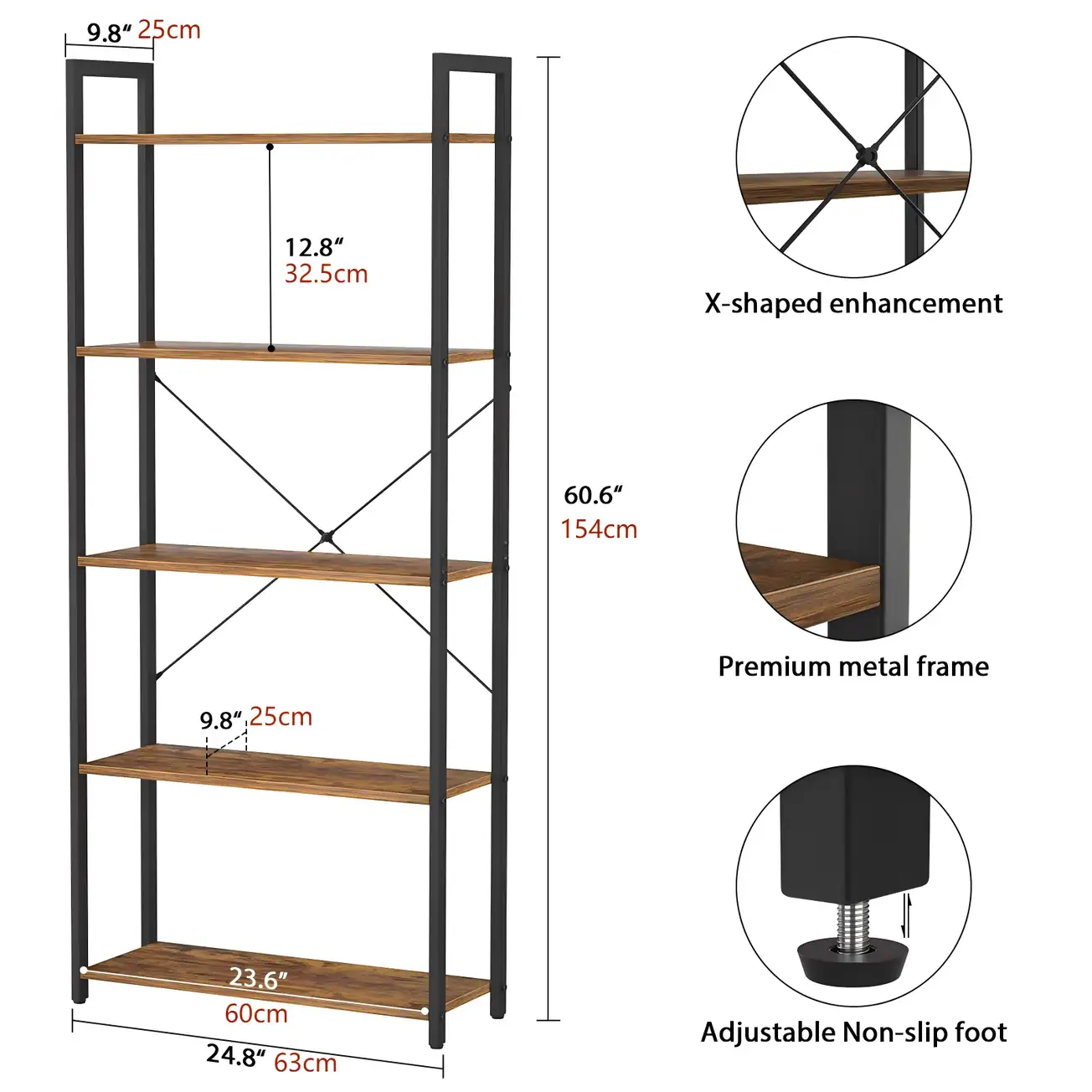 5-Tier Industrial Bookshelf Dimensions Chart 5-Tier Industrial Bookshelf Precise Dimensions, Metal Frame 5-Shelf Standing Storage Rack Size Chart Diagram