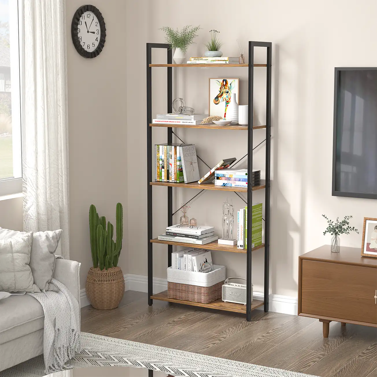 5-Tier Industrial Bookshelf Living Room Lifestyle 5-Tier Industrial Bookshelf in Living Room TV Corner Lifestyle Scene, Rustic Brown 5-Shelf Tall Display Rack