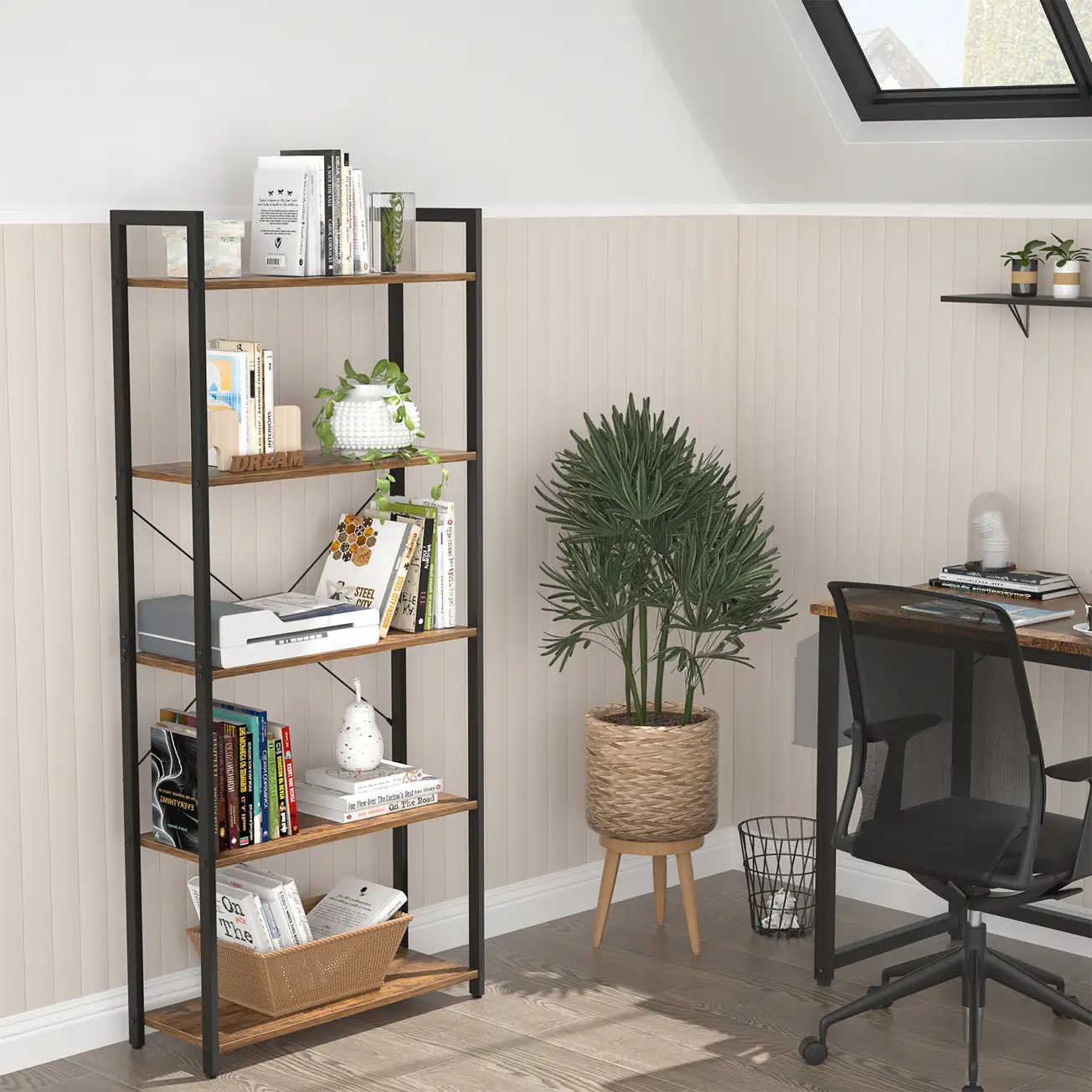 5 tier industrial bookshelf office lifestyle 5-Tier Industrial Bookshelf in Home Office Workspace Lifestyle Scene, Rustic Brown 5-Shelf Printer Stand