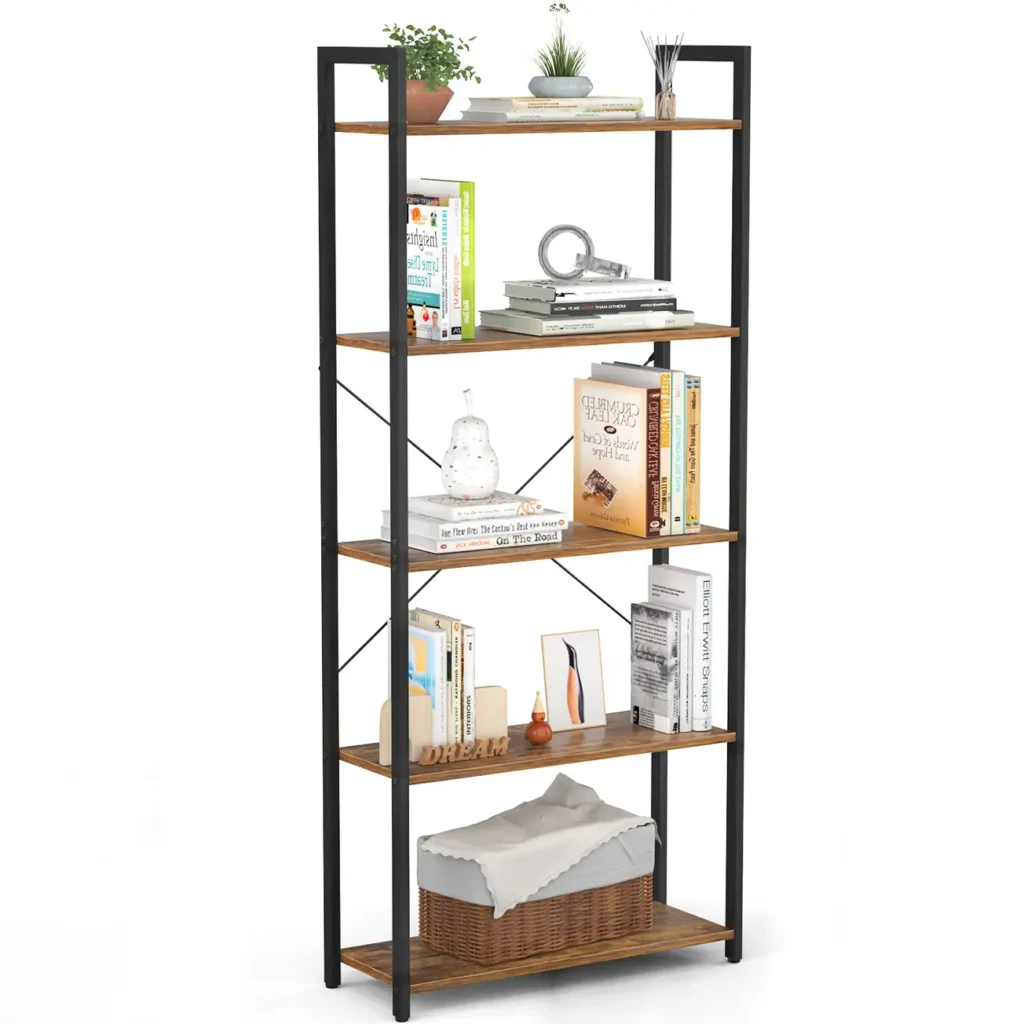 5 tier industrial bookshelf rustic brown