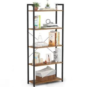 5 tier industrial bookshelf rustic brown