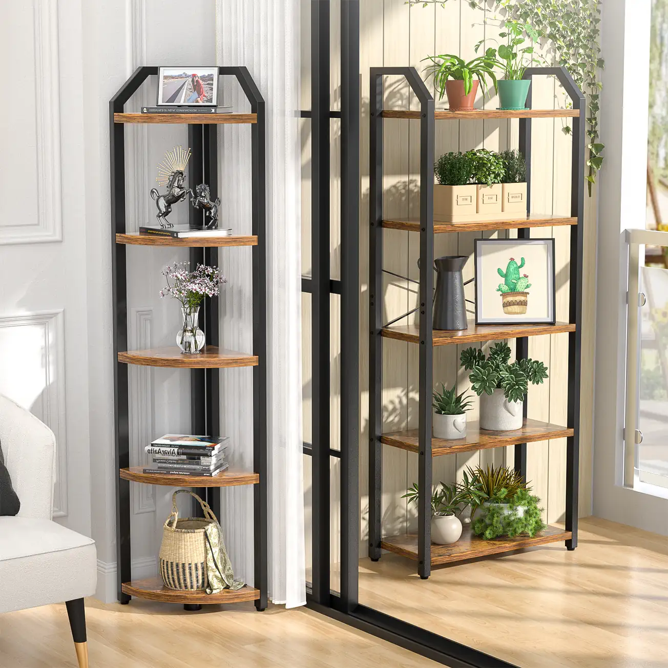 4 tier reversible bookshelf detached layouts lifestyle 5-Tier Reversible Double Wide Bookshelf Detached Layouts in Balcony and Living Room Corner Lifestyle, Industrial 4-Shelf Plant Stand