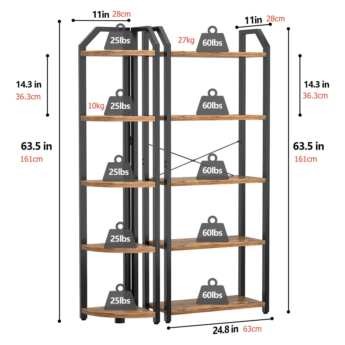 4-Tier Reversible Double Wide Bookshelf Dimensions Capacity Chart 5-Tier Reversible Double Wide Bookshelf Precise Dimensions, Modular Corner Shelf Size Chart and Weight Capacity Diagram