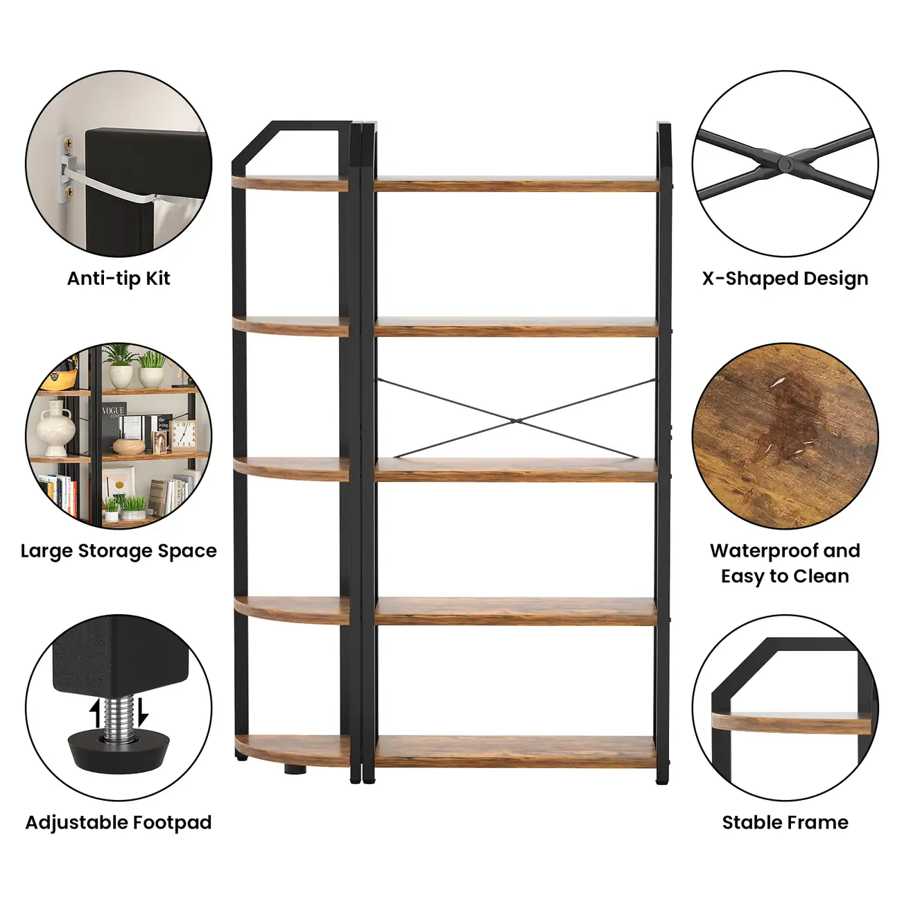 4 tier reversible bookshelf hardware safety details 5-Tier Reversible Double Wide Bookshelf Hardware Details, Heavy Duty Metal Frame and Anti-Tip Kit Showcase