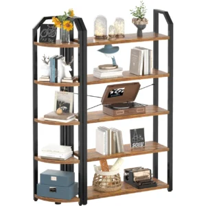 5-Tier Reversible Double Wide Bookshelf with Heavy Duty Metal Frame, Rustic Brown 4-Shelf Corner Standing Storage Rack