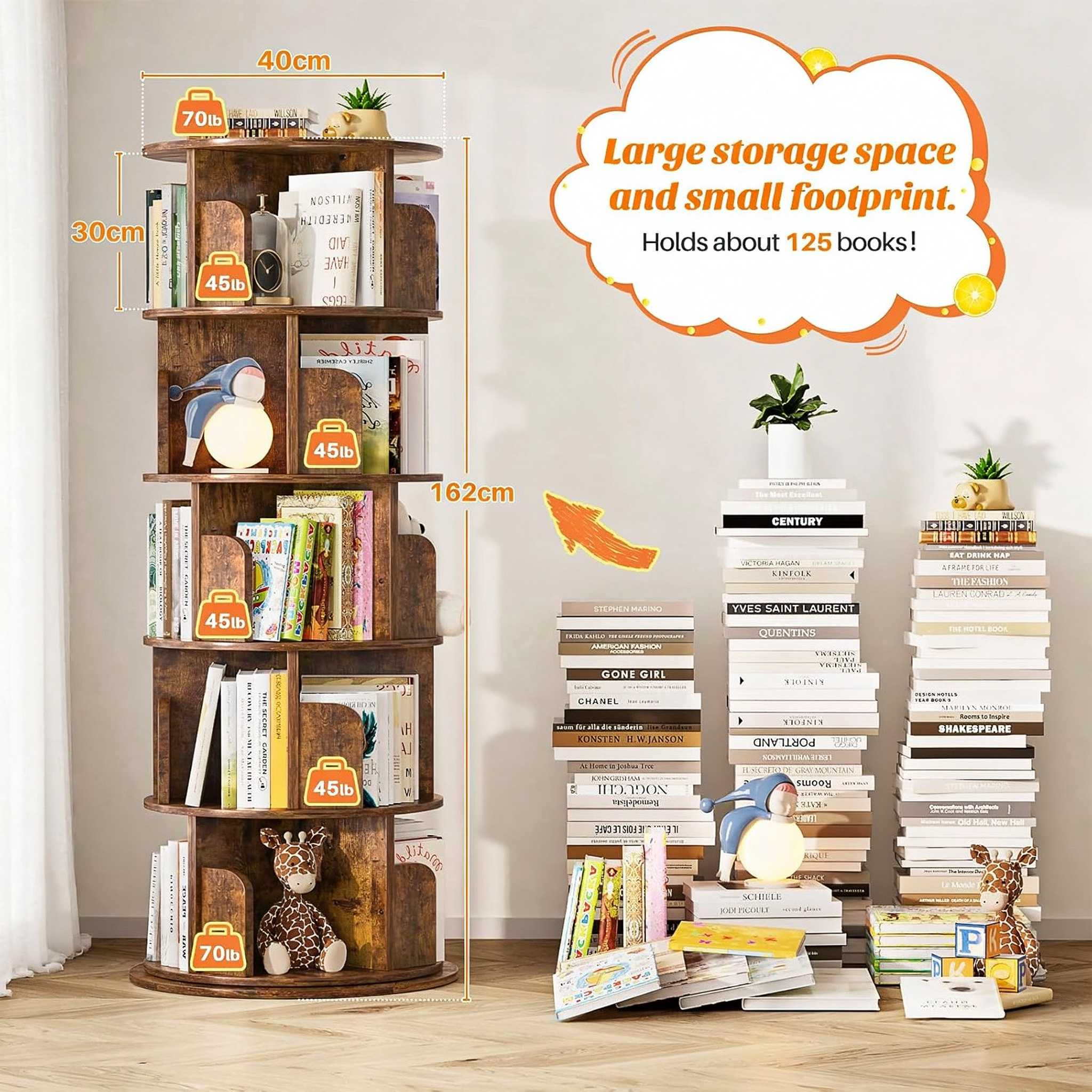 5-Tier Rotating Bookshelf Dimensions and Weight Capacity 5-Tier Rotating Bookshelf Dimensions, Heavy-Duty Weight Capacity and Storage Capacity Diagram