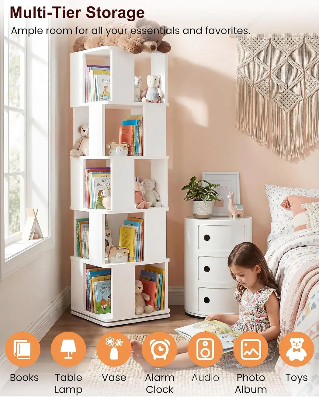 5-Tier Rotating Bookshelf Multi-Purpose Storage Application in Kids Room Lifestyle image of a 5-tier rotating bookshelf tower in a kids bedroom setting, demonstrating multi-functional storage for children's books, toys, photo albums, and nursery decor items