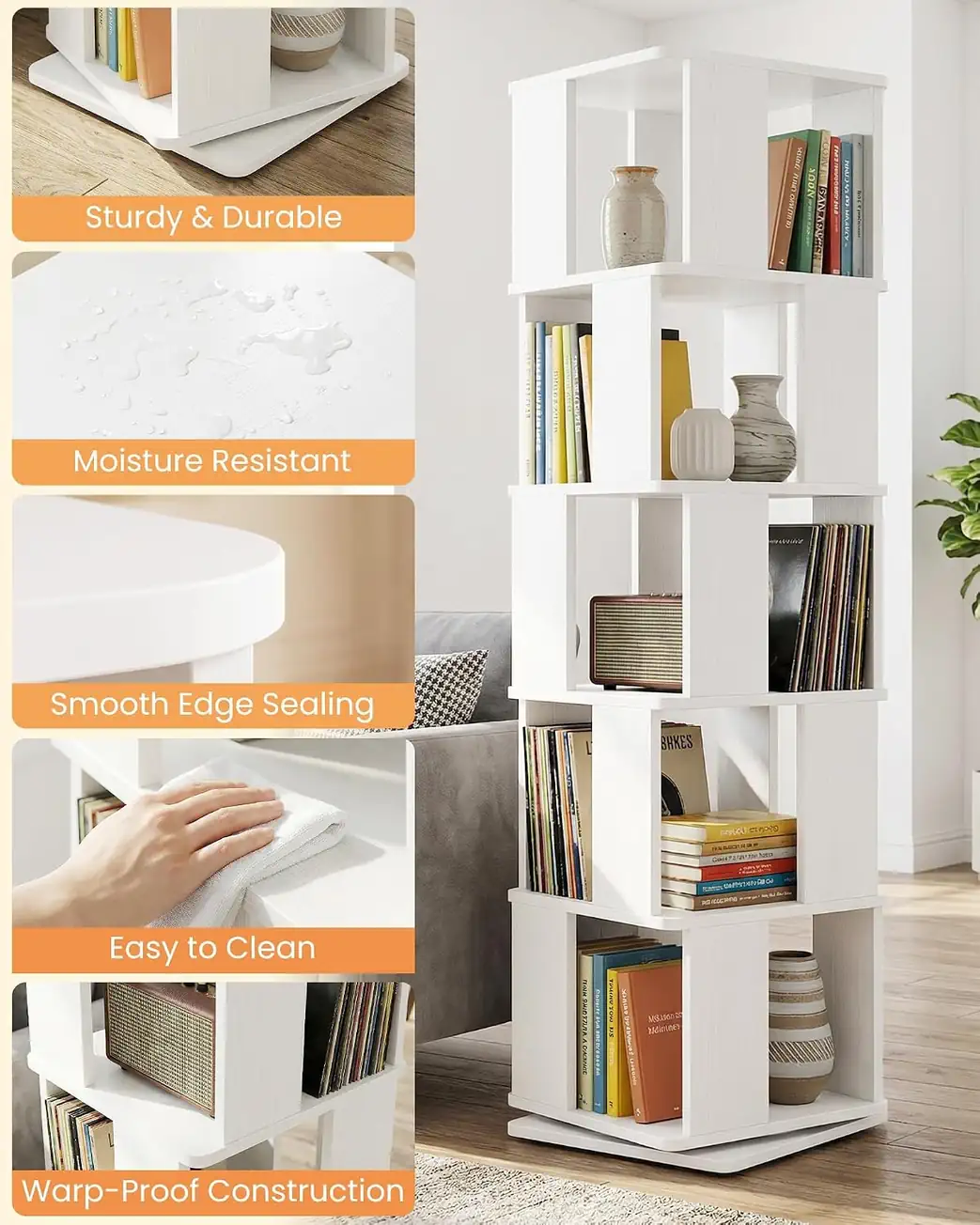 5-Tier Rotating Bookshelf Material Quality and Structural Durability Overview Infographic detailing the structural quality of a 5-tier rotating bookshelf, showing a moisture-resistant surface, smooth protective edge sealing, warp-proof construction, and an easy-clean panel design