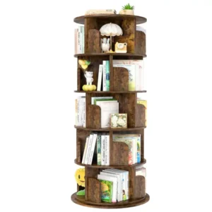 5-Tier Rotating Bookshelf in Rustic Brown Finish, Multi-Layer Wooden Storage Rack