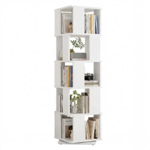 Minimalist white 5-tier rotating bookshelf tower with a 360-degree swivel base, displaying organized books, plants, and decorative collectibles within its multi-directional storage compartments on a white background