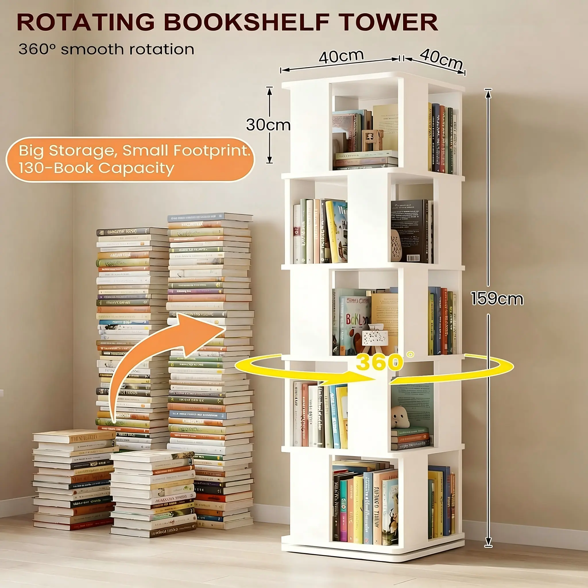 5-Tier Rotating Bookshelf Dimensions, Tier Clearances, and Capacity Diagram Product dimensions and book capacity infographic for the 5-tier rotating bookshelf tower, showing overall frame size, individual tier clearance heights, 360-degree rotation path, and large vertical storage volume in metric and imperial values