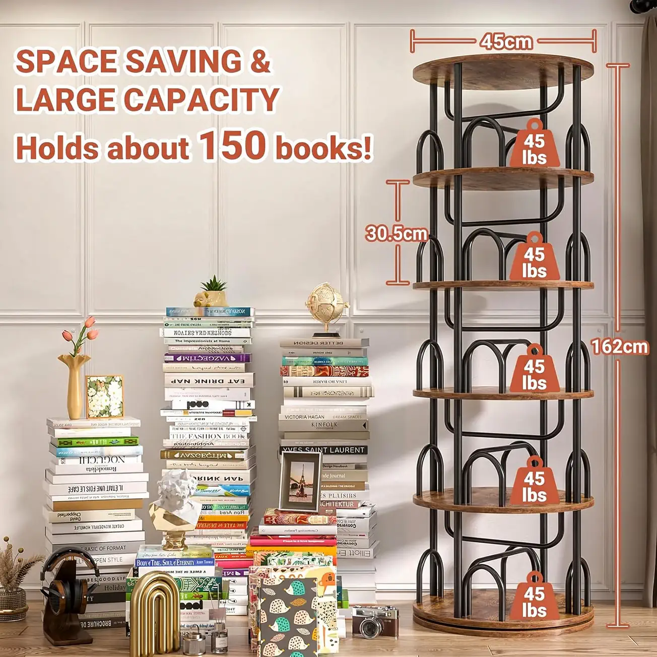 5-Tier Rustic Brown Rotating Bookshelf Dimensions Chart Detailed dimensions and weight capacity chart of 5-tier rotating bookshelf tower showing 162cm height, rustic brown finish, and 45 lbs load capacity