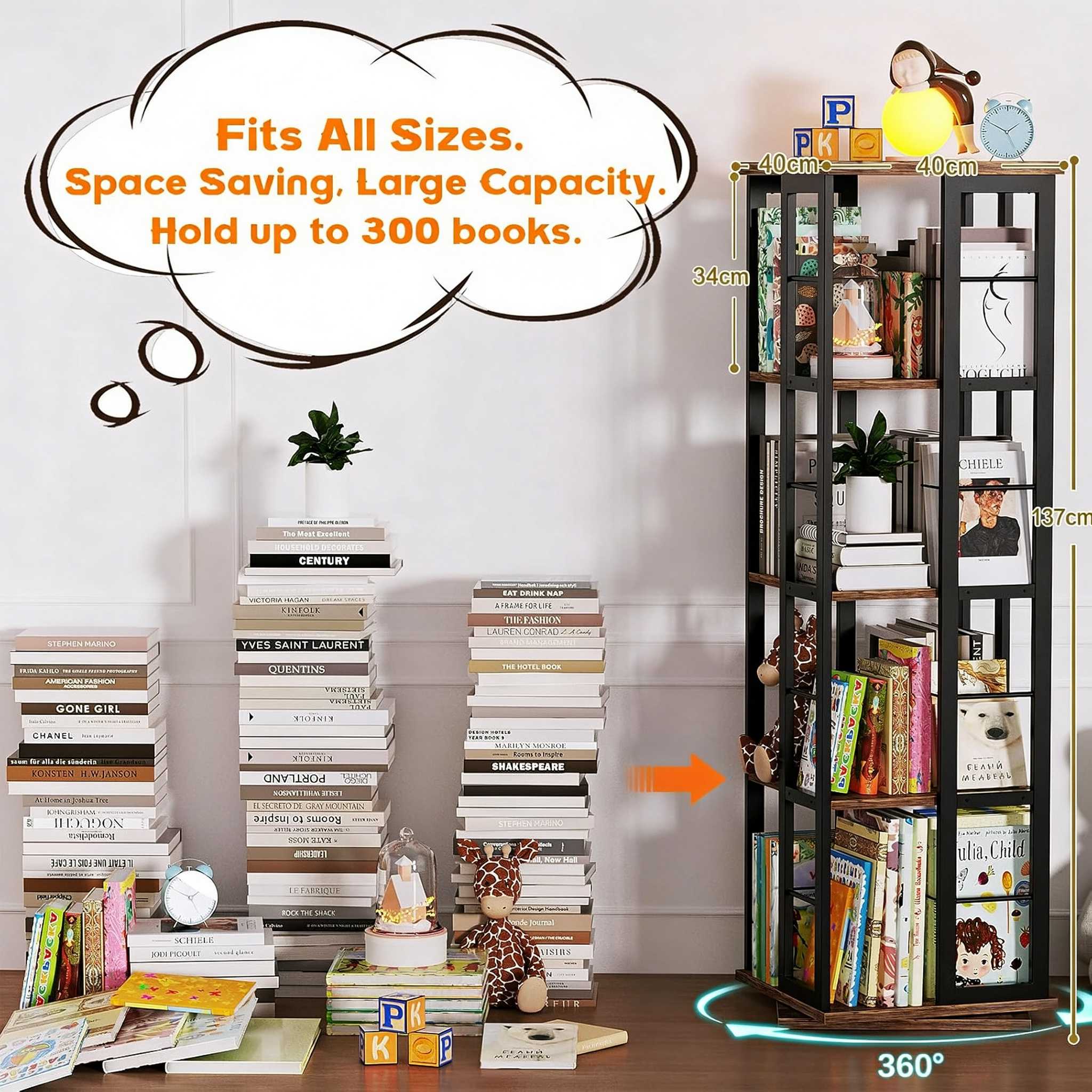 5-Tier Square Rotating Bookshelf Dimensions Capacity Chart Detailed dimensions and large capacity chart of 5-tier square rotating bookshelf tower showing 137cm height and up to 300 books storage