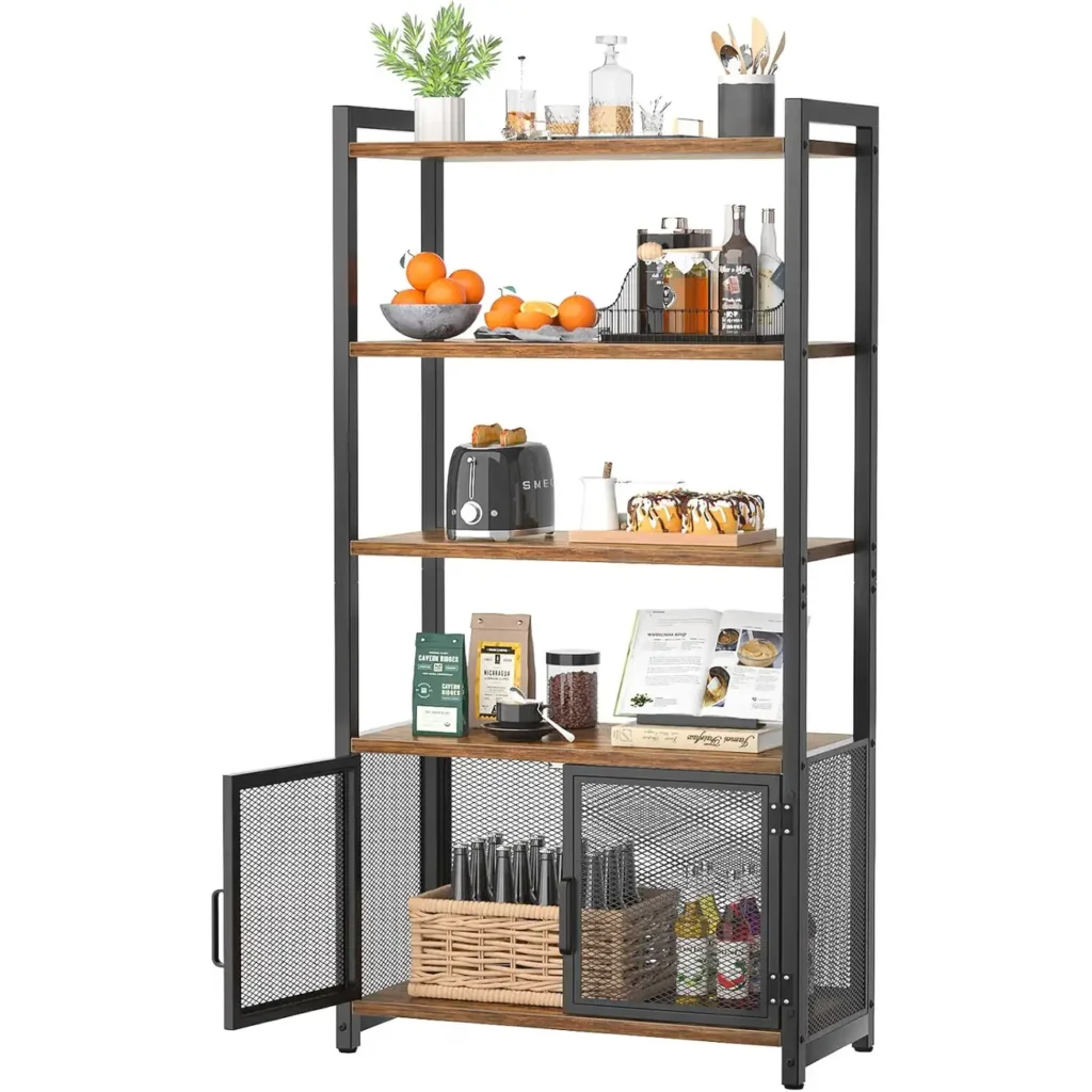 Industrial 5 tier kitchen bakers rack with mesh doors used as a coffee bar and microwave stand